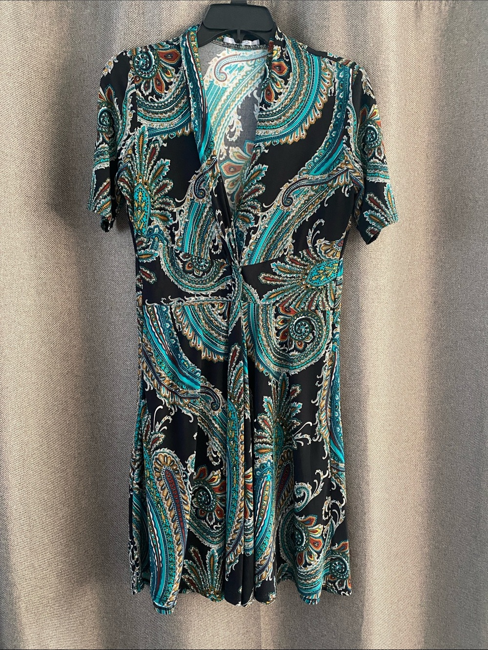 NY Collection Black Paisley Mini Dress with Teal Accents